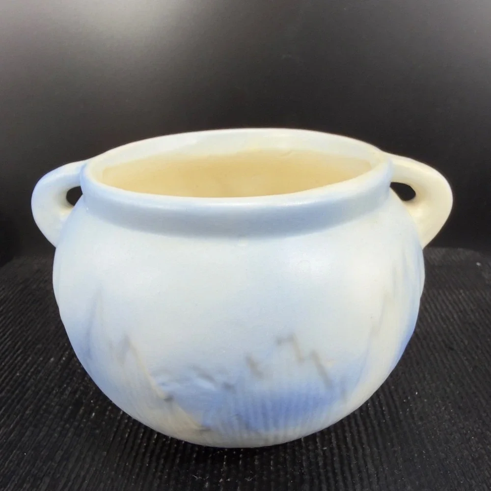 Vintage Pottery Flower Planter Blue‎ White Yellow Rose Relief Double Handle Pot